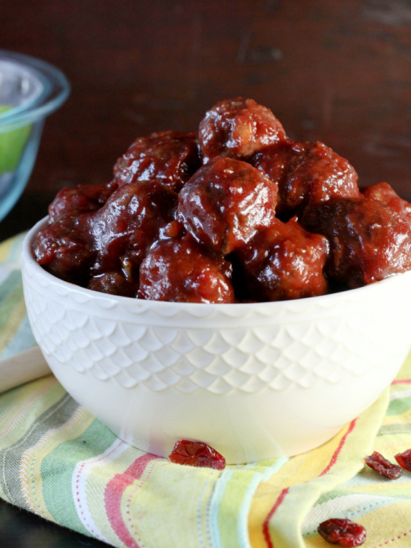 cranberry meatballs in a white bowl