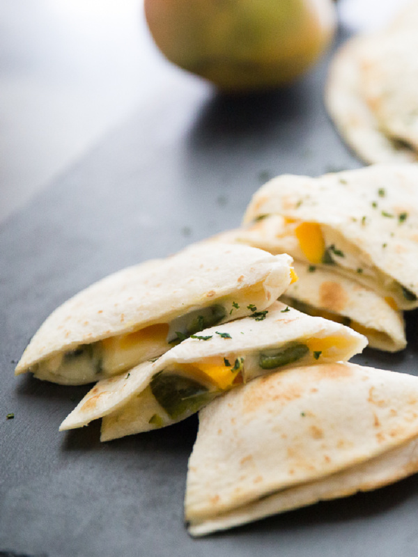 mango chili quesadilla cut into pieces