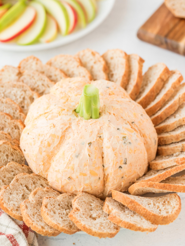 pumpkin cheese dip with baguette and apple