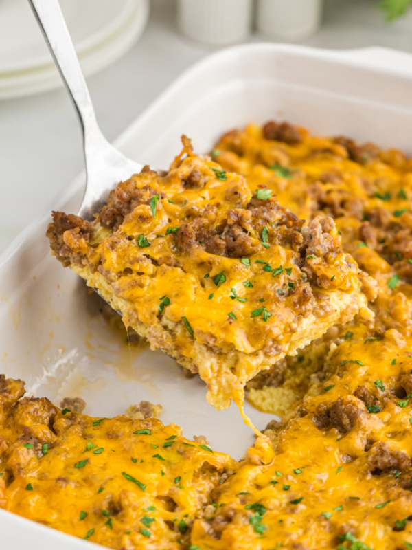 spatula taking out slice of breakfast casserole