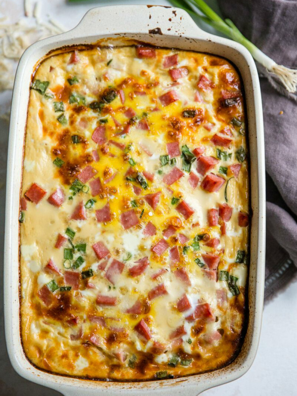 Overhead shot of Farmer's Casserole in a white casserole dish