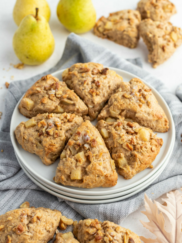 maple nut and pear scones on a plate