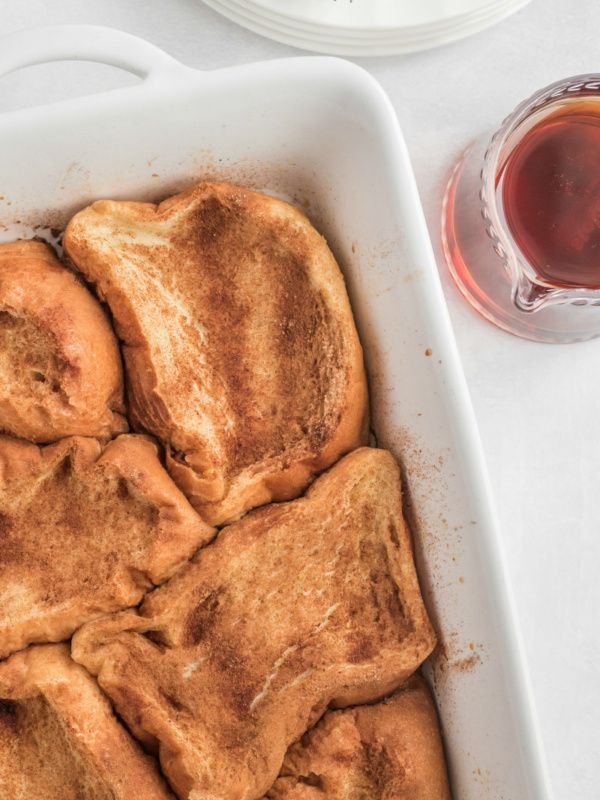 french custard toast in baking dish just out of oven