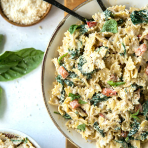 bowl of farfalle pasta with spinach and ricotta cheese with a side of parmesan cheese