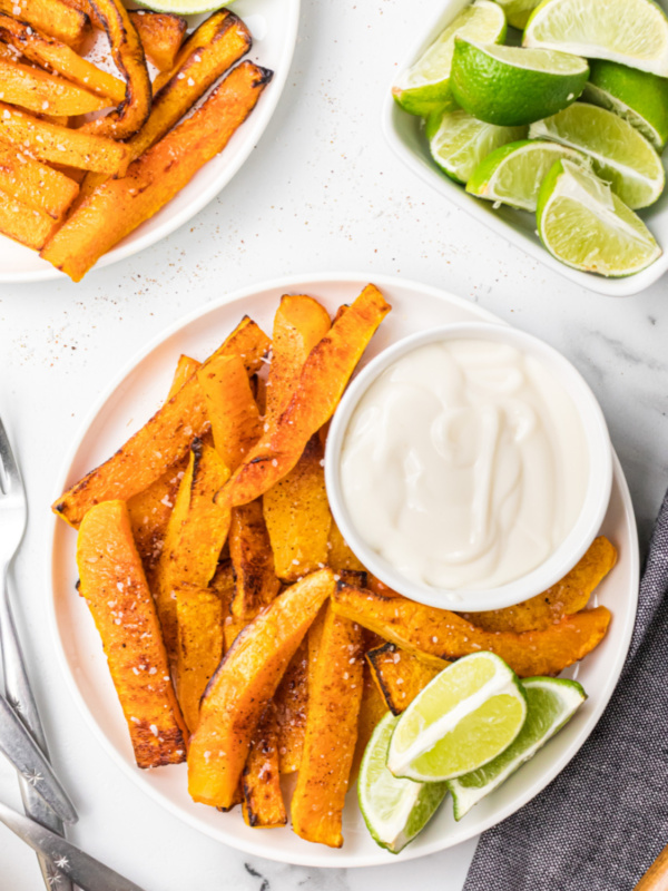 butternut squash fries on a plate with dipping sauce