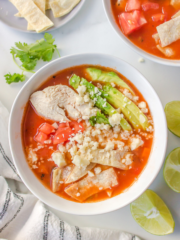 white bowl of chicken tortilla soup