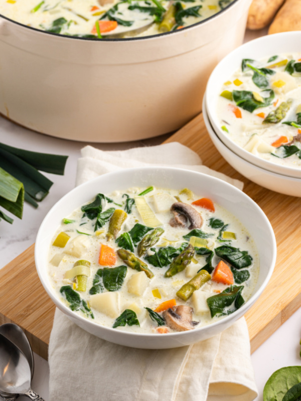 french spring soup in a white bowl