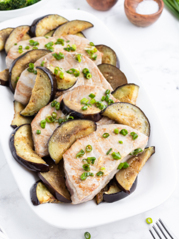 seared asian tuna topped with eggplant