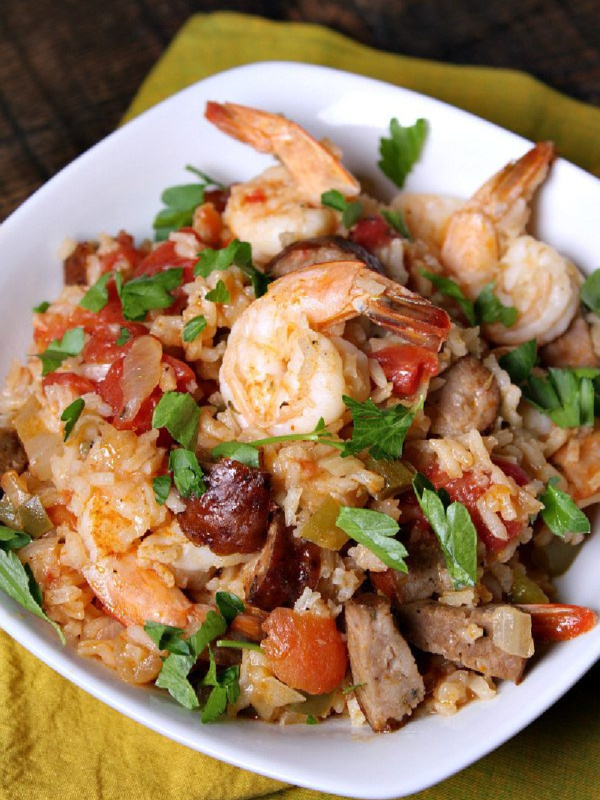 shrimp jambalaya in a white bowl