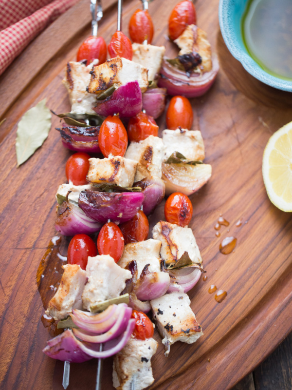 swordfish souvlaki on a board