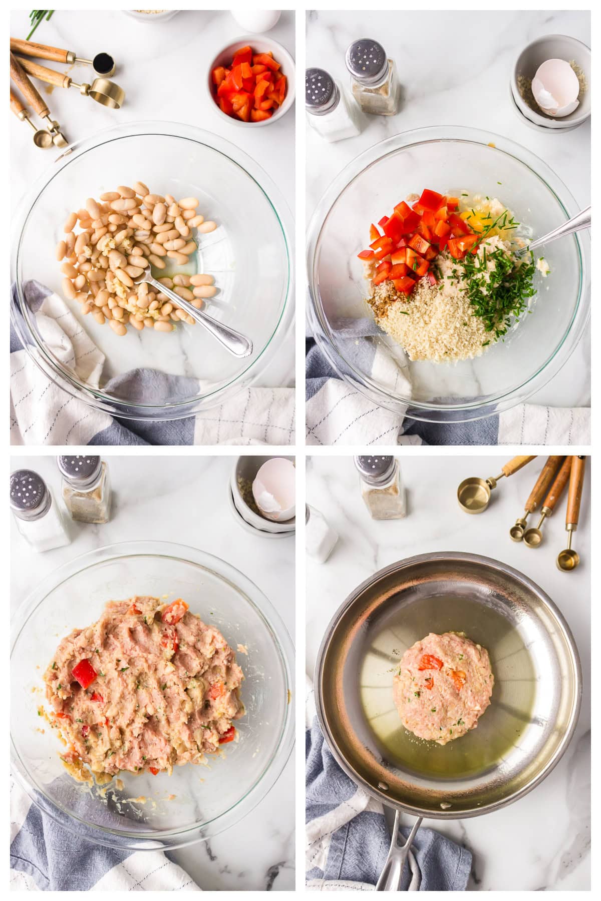 four photos making turkey white bean burgers