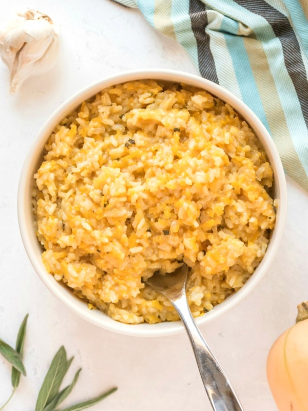 butternut squash risotto in a white bowl