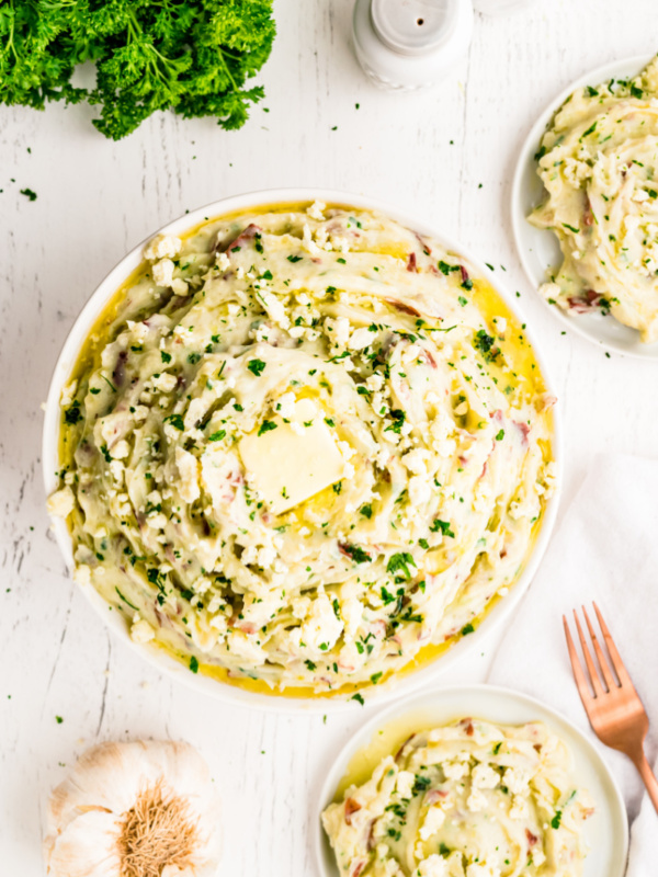 blue cheese mashed potatoes in bowls