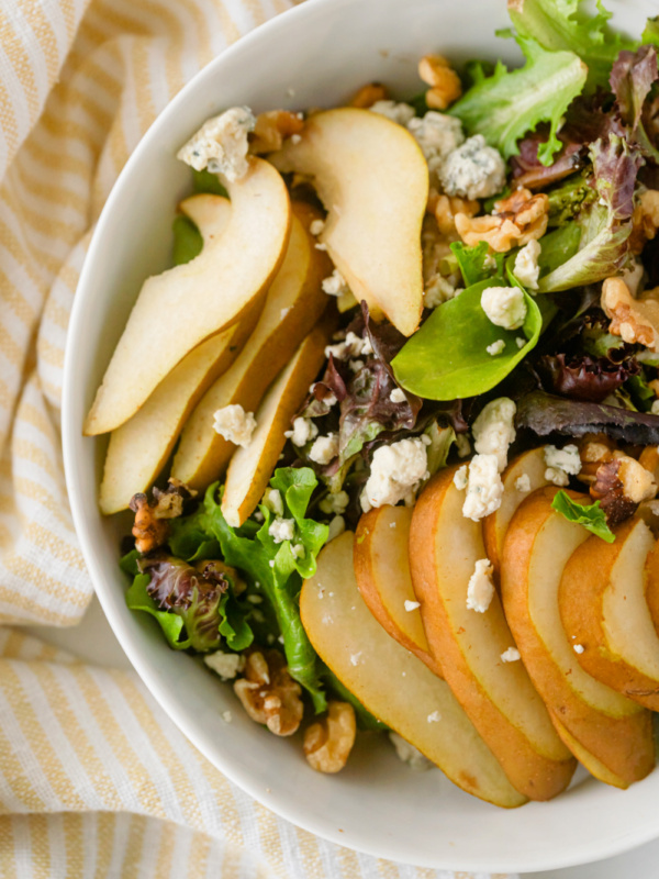 pear walnut and blue cheese salad in bowl