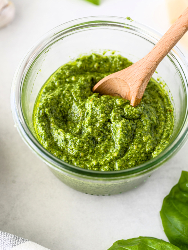 Classic Pesto Sauce in a bowl with spoon