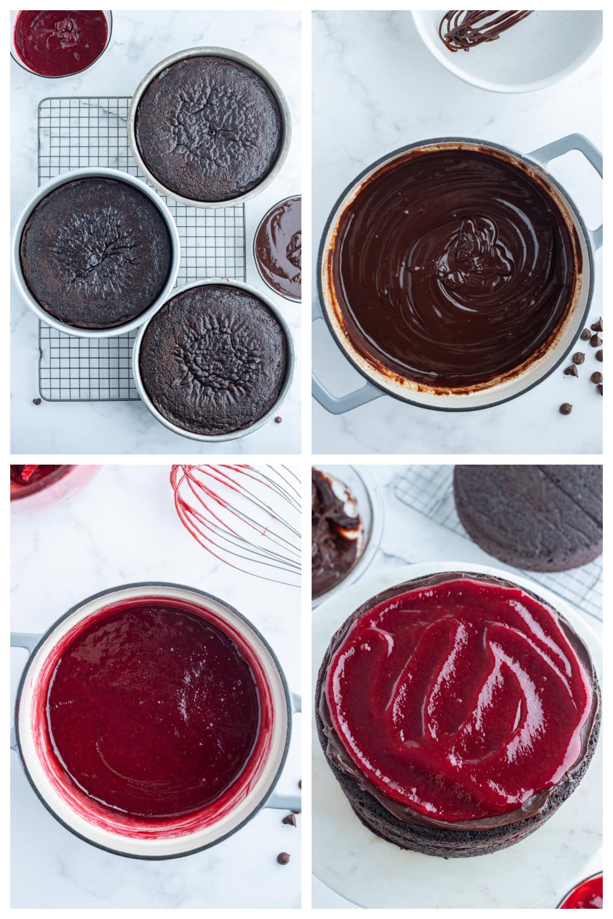four photos showing how to make chocolate cake and then chocolate ganache and raspberry filling