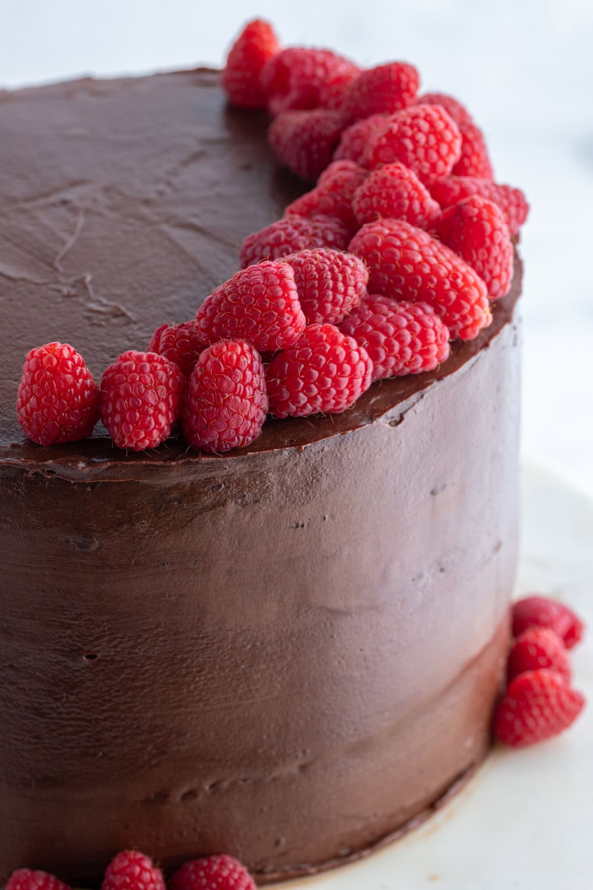 peek at side of double chocolate cake with raspberries on top