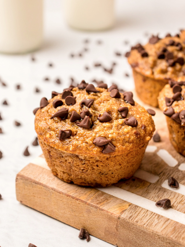 low fat banana chocolate chip muffin on a cutting board