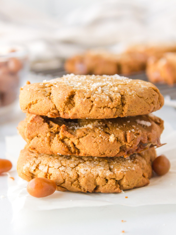 stack of three molasses cookies with sugar babies