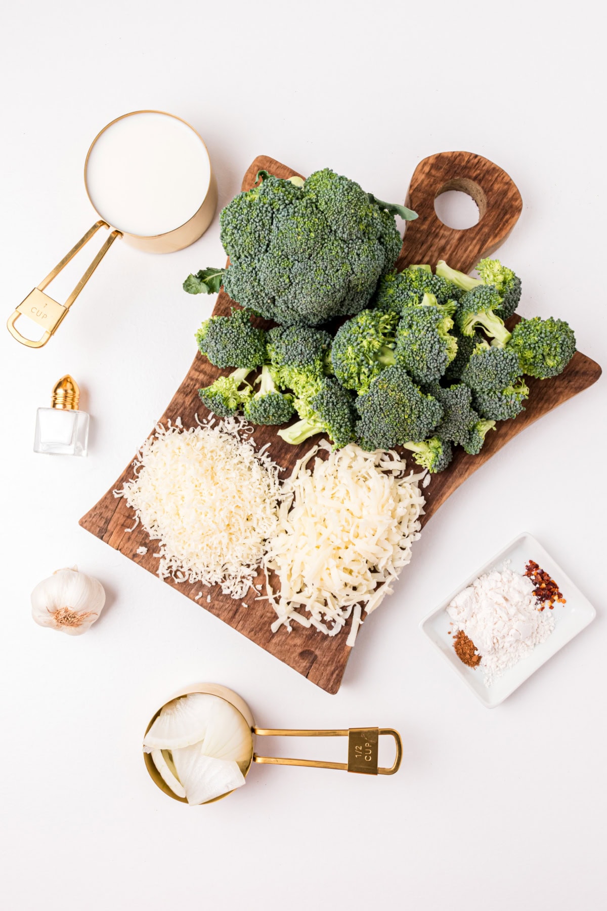 ingredients displayed for making broccoli with two cheese sauce