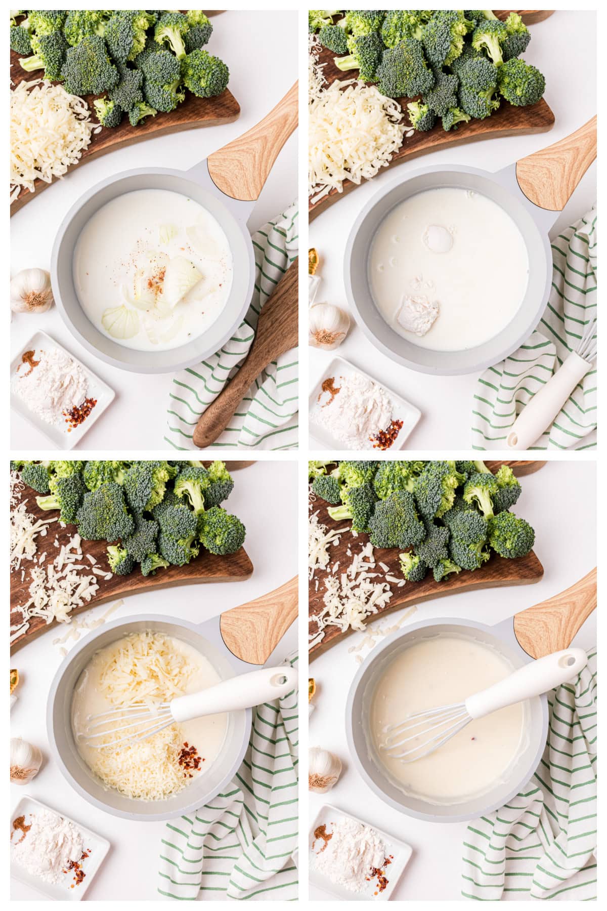 four photos showing how to make two cheese sauce