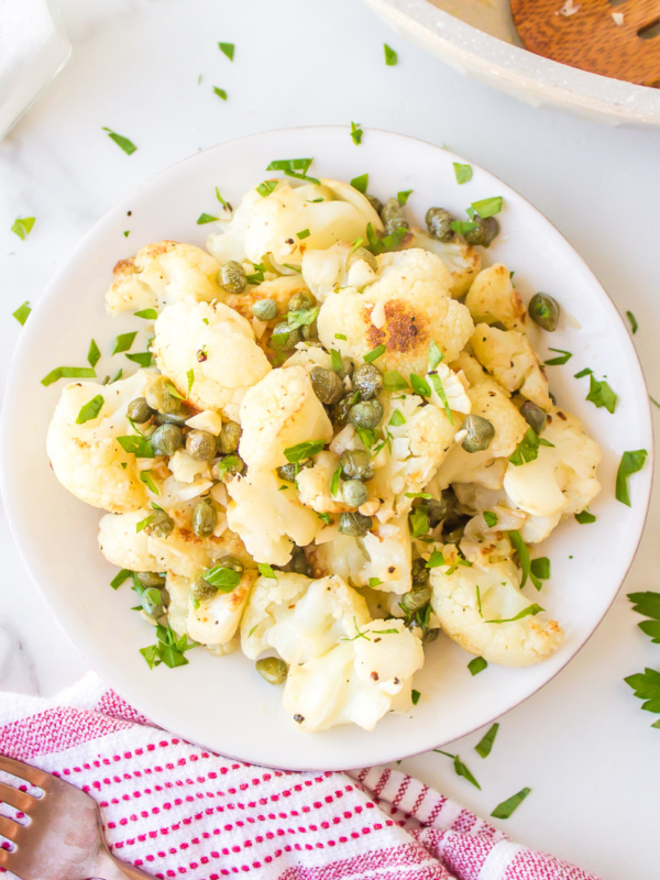 cauliflower with capers in a white dish