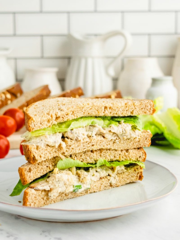 chicken salad sandwich cut in half and stacked