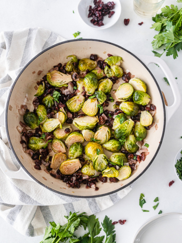 cranberry brussels sprouts in pan