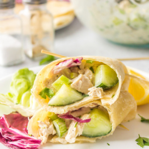 crunchy chicken salad wrap cut in half and stacked