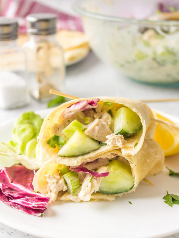 crunchy chicken salad wrap cut in half and stacked