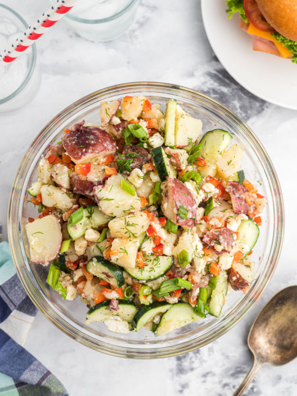 bowl of dill potato salad with feta