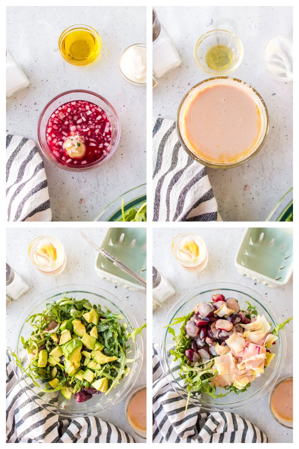 four photos showing how to make grape avocado and arugula salad