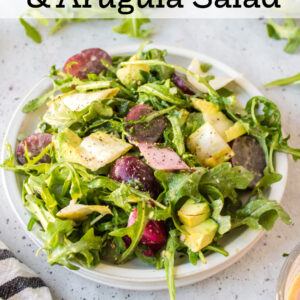 pinterest image for grape avocado and arugula salad