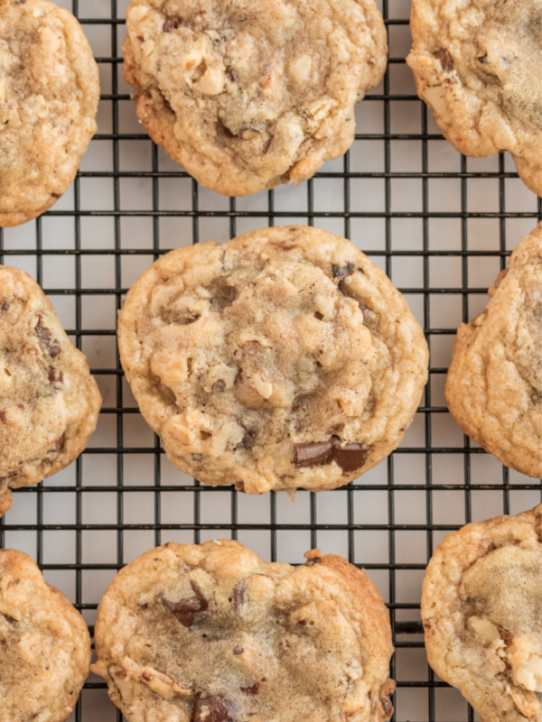 ina garten's chocolate chunk cookies on cooling rack