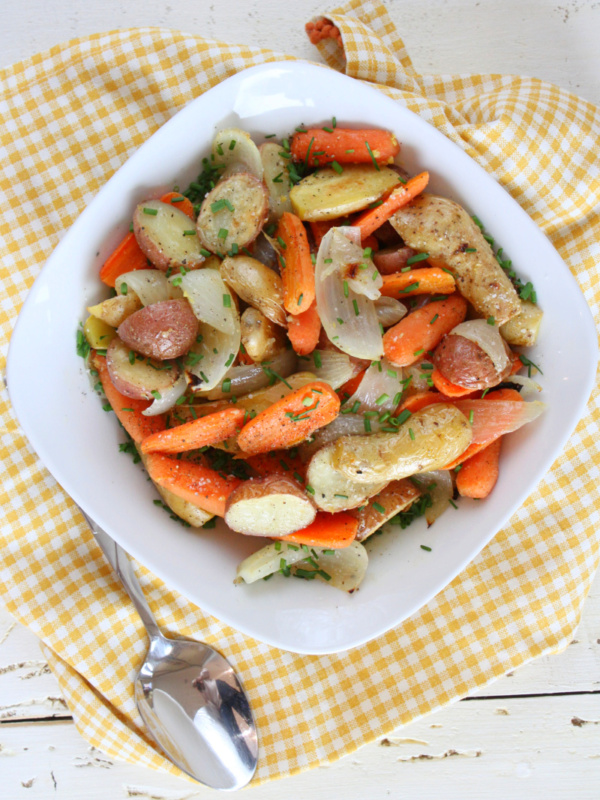 lemon chive roasted vegetables in a bowl