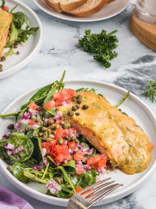 mustard dill salmon salad on plate