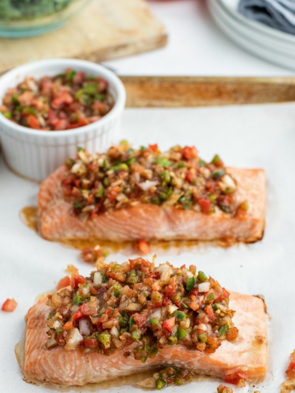 salsa roasted salmon on baking sheet