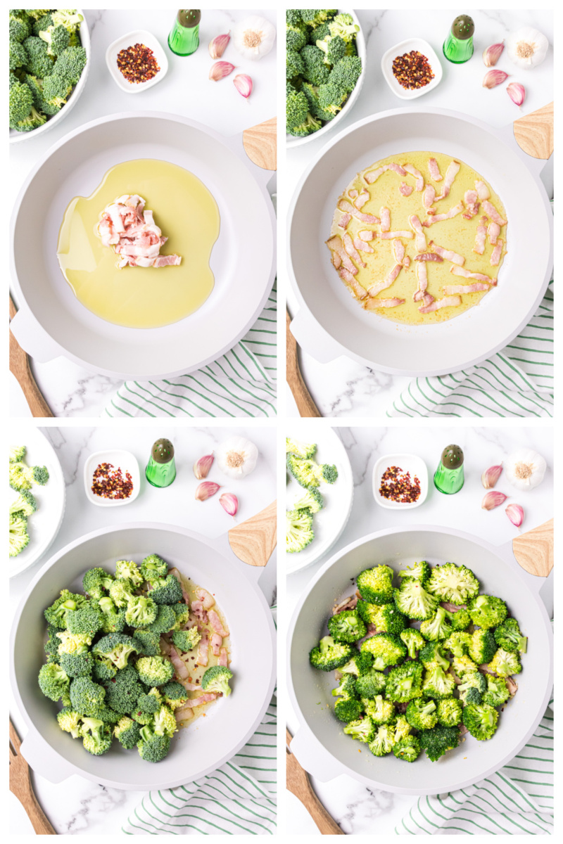 four photos showing how to make slow cooked broccoli with garlic and pancetta