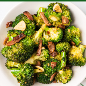 pinterest image for slow cooked broccoli with garlic and pancetta