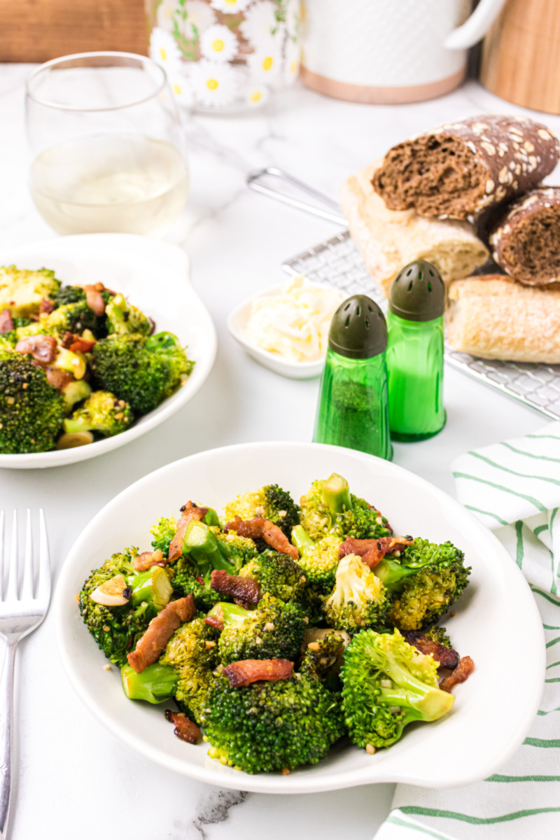 bowl of slow cooked broccoli with garlic and pancetta