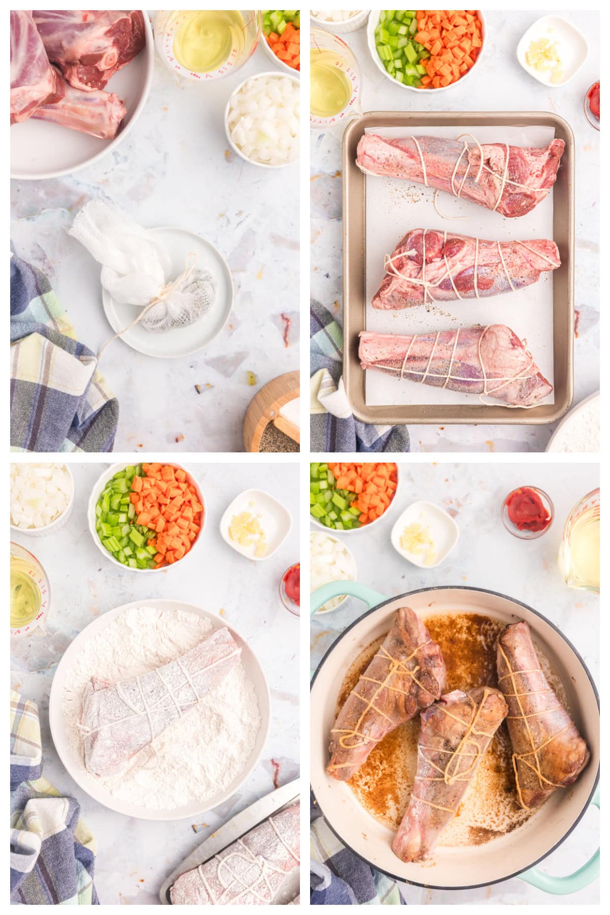 four photos showing how to make lamb osso buco