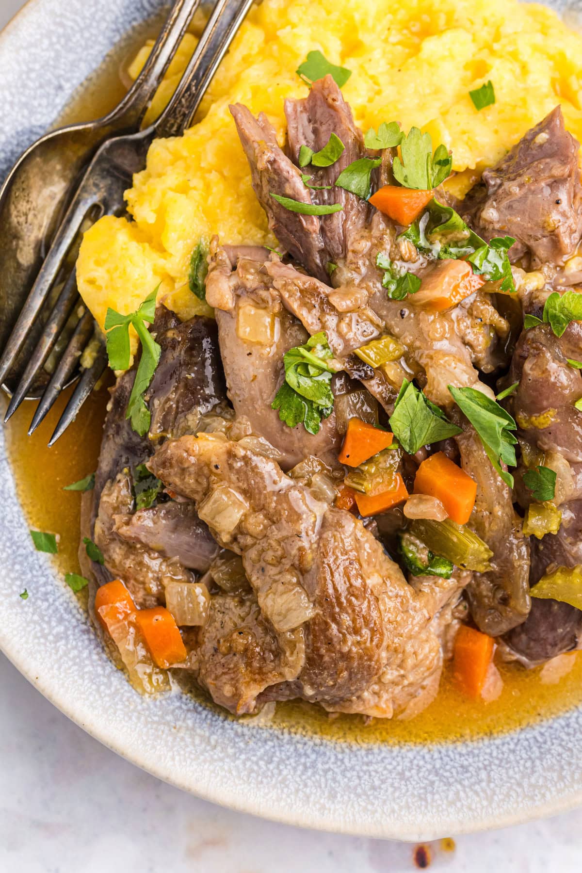 serving of lamb osso buco on plate with potato