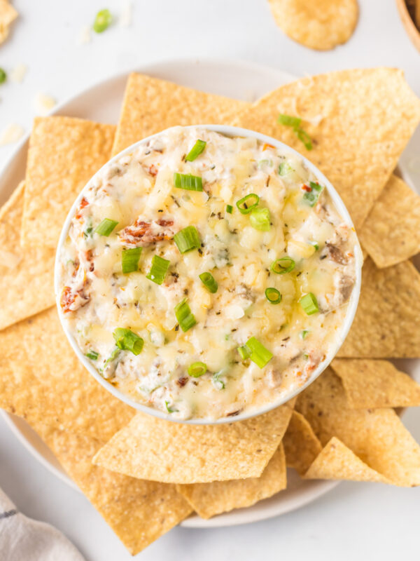 asiago cheese dip in bowl with tortilla chips surrounding