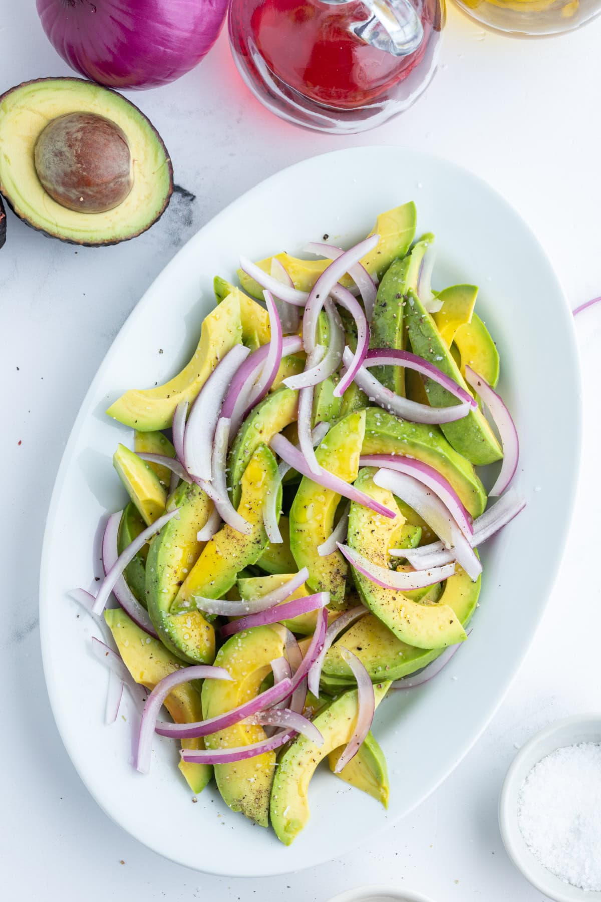 avocado and onion salad on oval platter