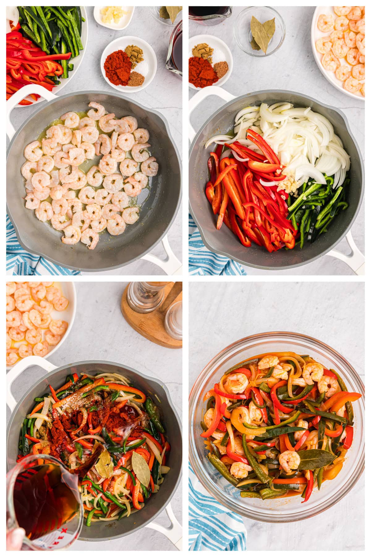 four photos showing how to make rock shrimp escabeche