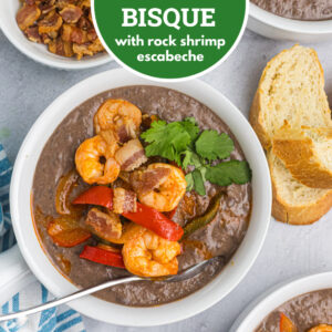 pinterest image for black bean bisque with shrimp