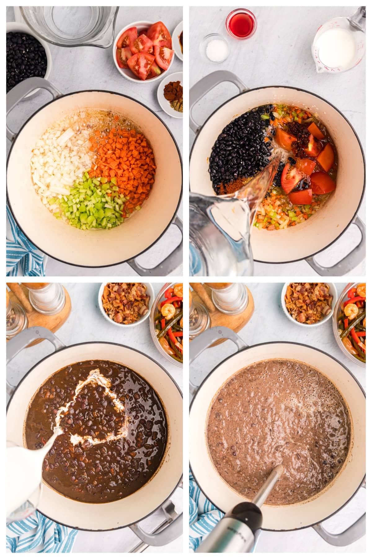 four photos showing how to make black bean bisque