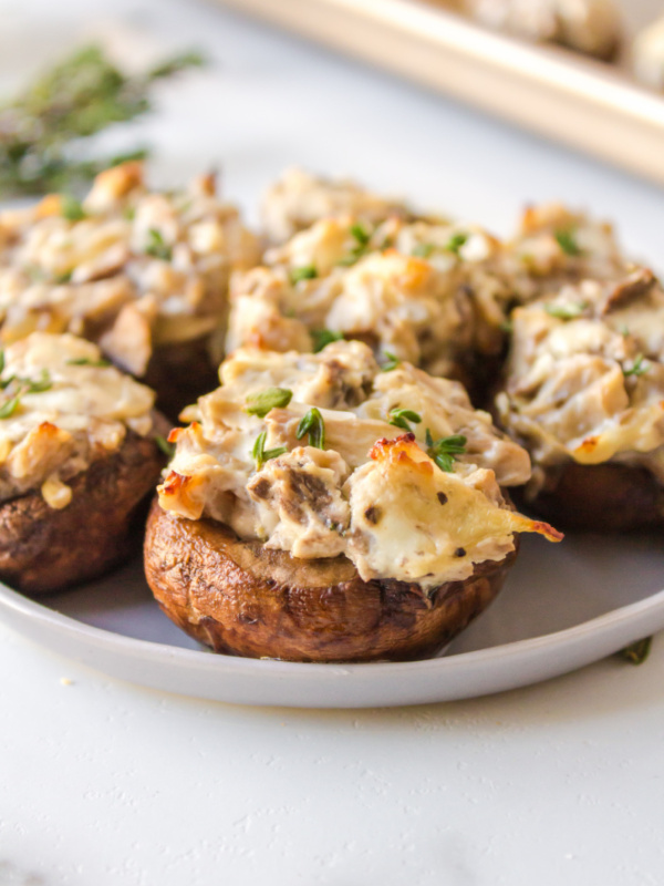 goat cheese stuffed mushrooms on plate