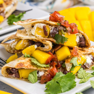 mango black bean goat cheese quesadilla stacked