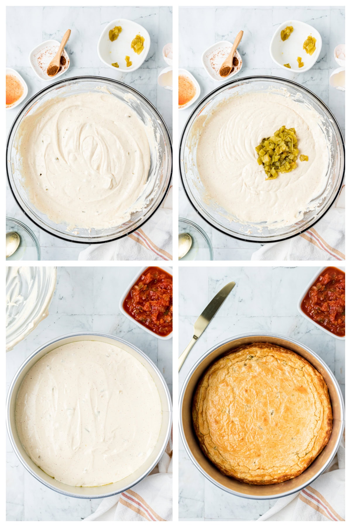four photos showing how to make mexican cheesecake dip